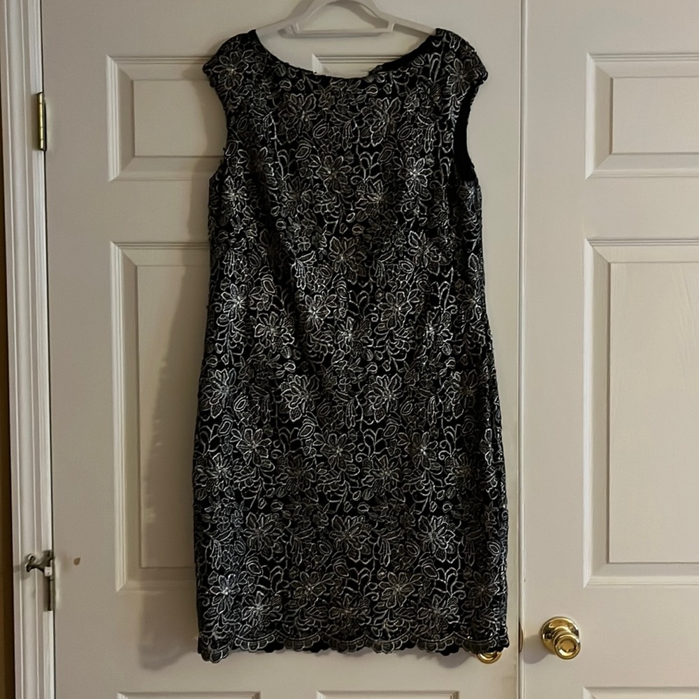 Black dress with a shimmery floral lace overlay. Great for the holiday parties.